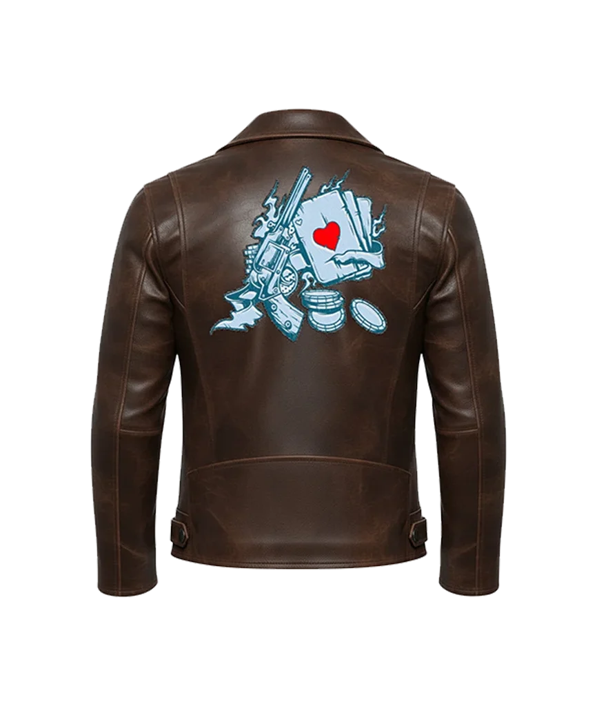 Gambler’s Luck Gun & Cards Leather Moto Jacket