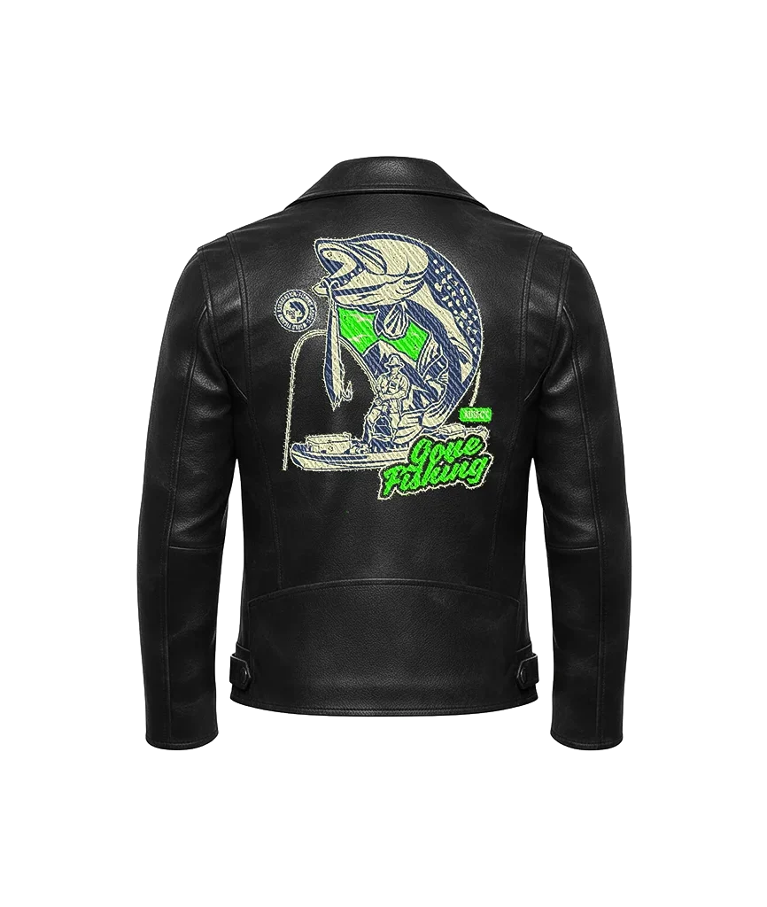 Gone Fishing Bass Fisherman Embroidered Leather Jacket