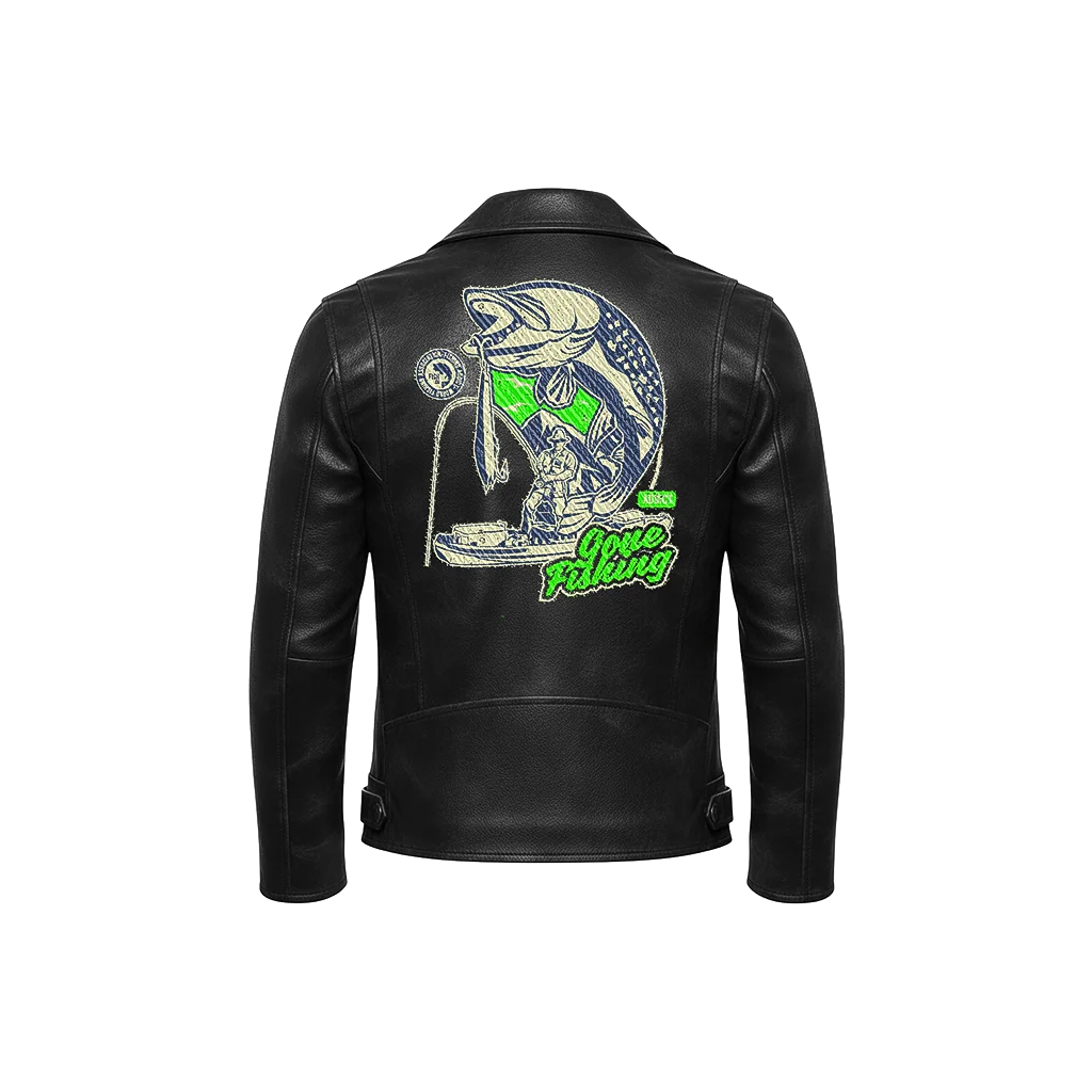 Gone Fishing Bass Fisherman Embroidered Leather Jacket