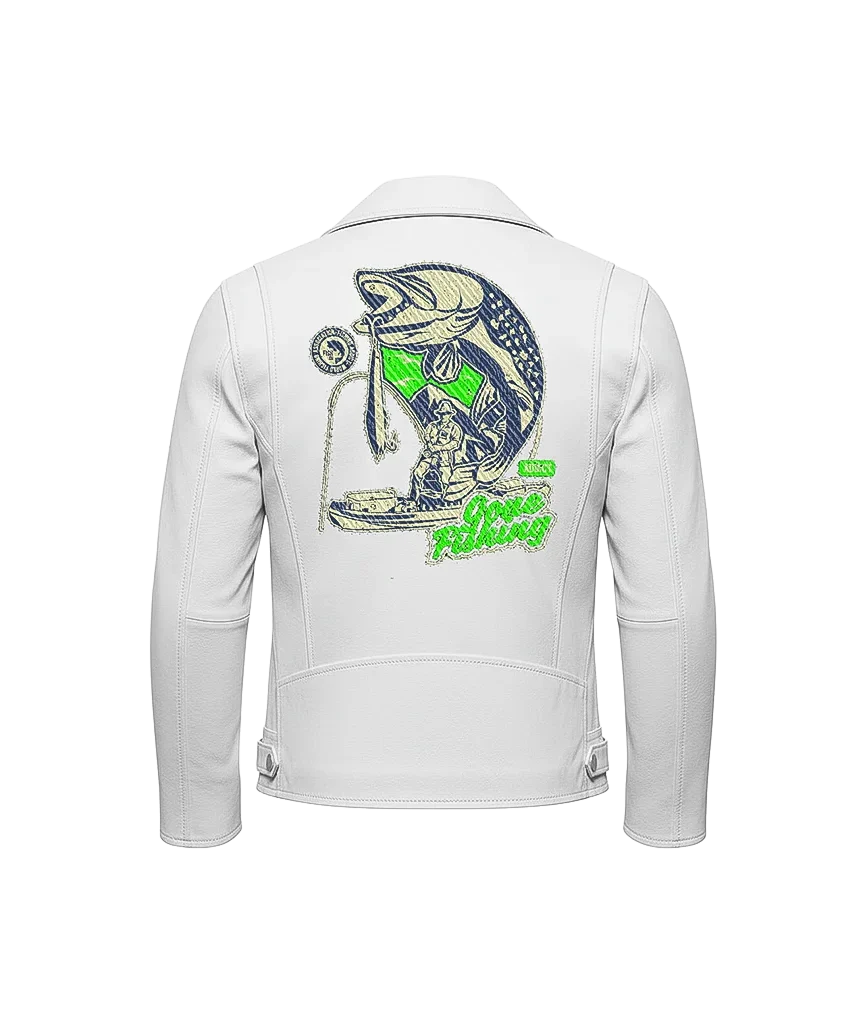 Gone Fishing Bass Fisherman Embroidered Leather Jacket