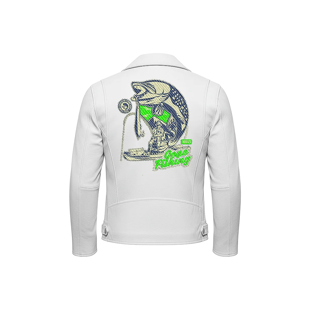 Gone Fishing Bass Fisherman Embroidered Leather Jacket