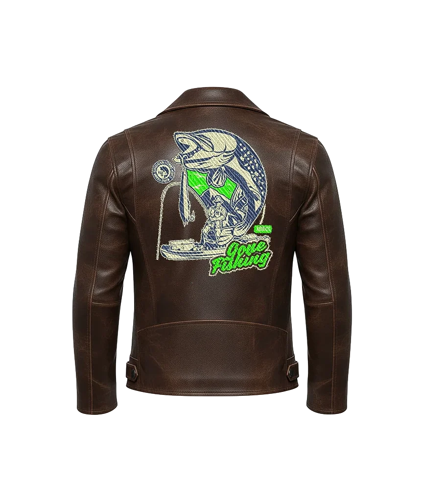 Gone Fishing Bass Fisherman Embroidered Leather Jacket
