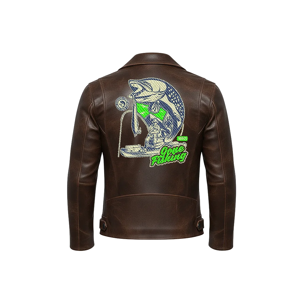 Gone Fishing Bass Fisherman Embroidered Leather Jacket