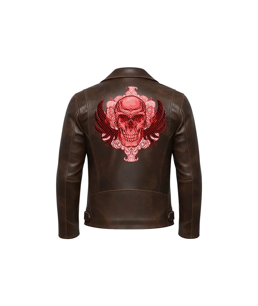 Gothic Winged Red Skull Embroidered Leather Jacket