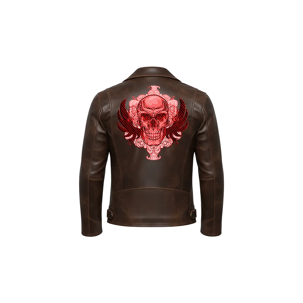 Gothic Winged Red Skull Embroidered Leather Jacket