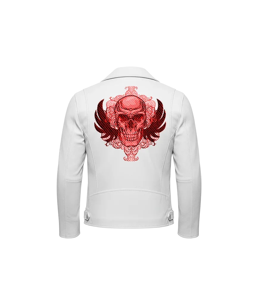 Gothic Winged Red Skull Embroidered Leather Jacket