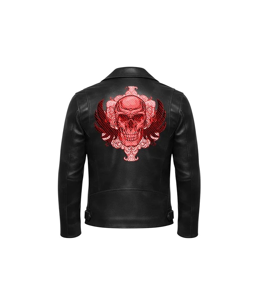 Gothic Winged Red Skull Embroidered Leather Jacket