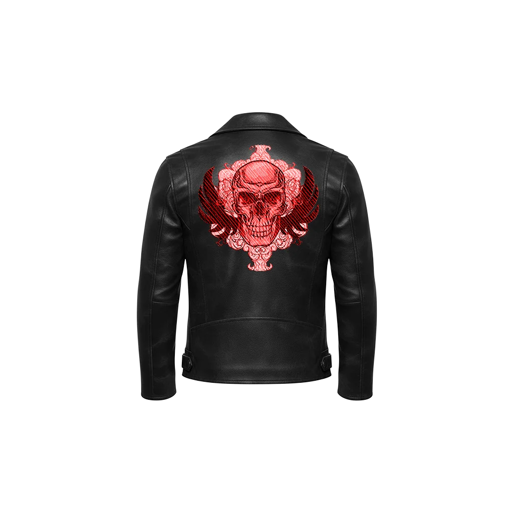 Gothic Winged Red Skull Embroidered Leather Jacket