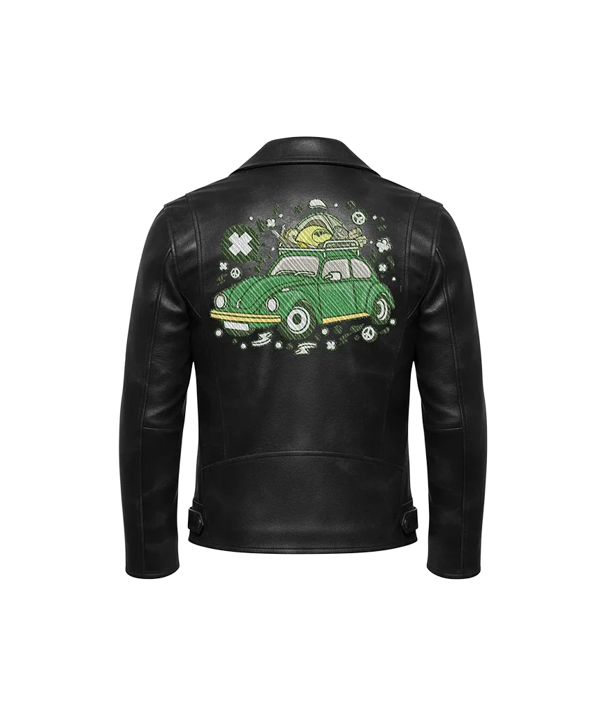 Green Beetle Adventure Classic Car Embroidered Leather Jacket