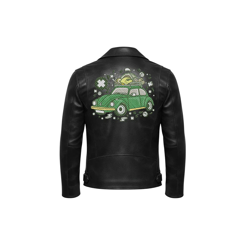 Green Beetle Adventure Classic Car Embroidered Leather Jacket