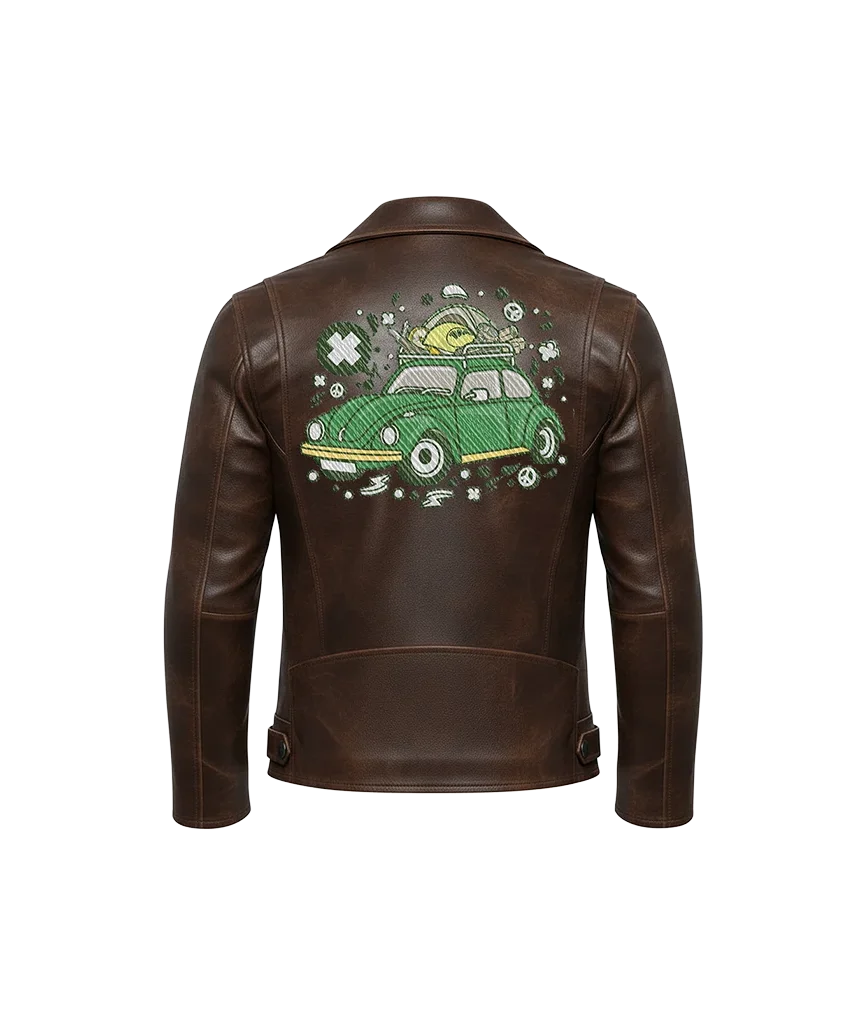 Green Beetle Adventure Classic Car Embroidered Leather Jacket
