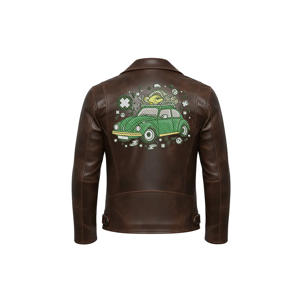 Green Beetle Adventure Classic Car Embroidered Leather Jacket
