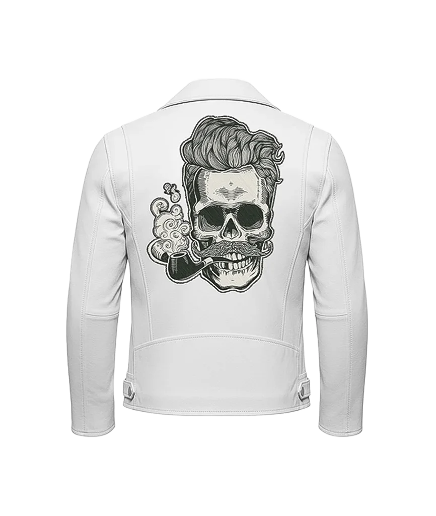 “Hipster Skull” Embroidered Leather Moto Jacket