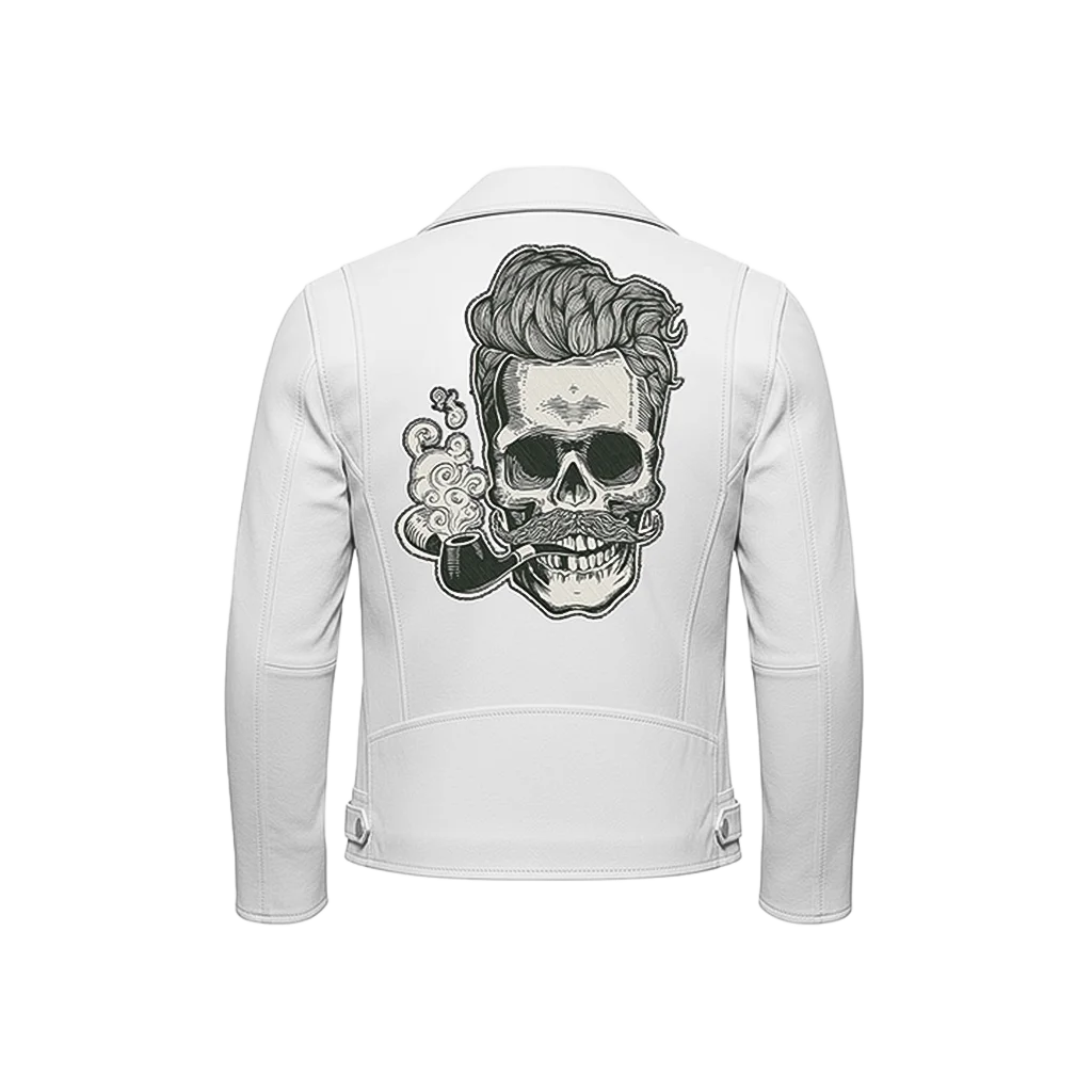 “Hipster Skull” Embroidered Leather Moto Jacket