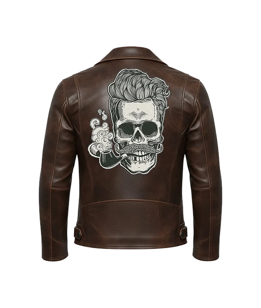 “Hipster Skull” Embroidered Leather Moto Jacket