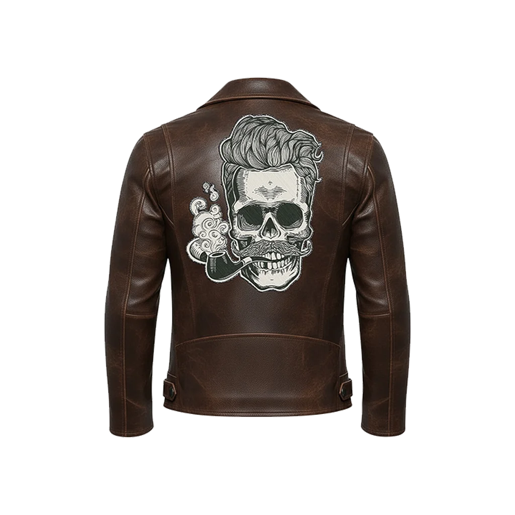“Hipster Skull” Embroidered Leather Moto Jacket