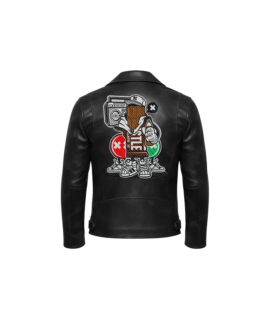Hustle Boombox Mascot Embroidered Leather Moto Jacket