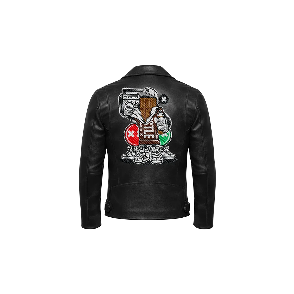 Hustle Boombox Mascot Embroidered Leather Moto Jacket