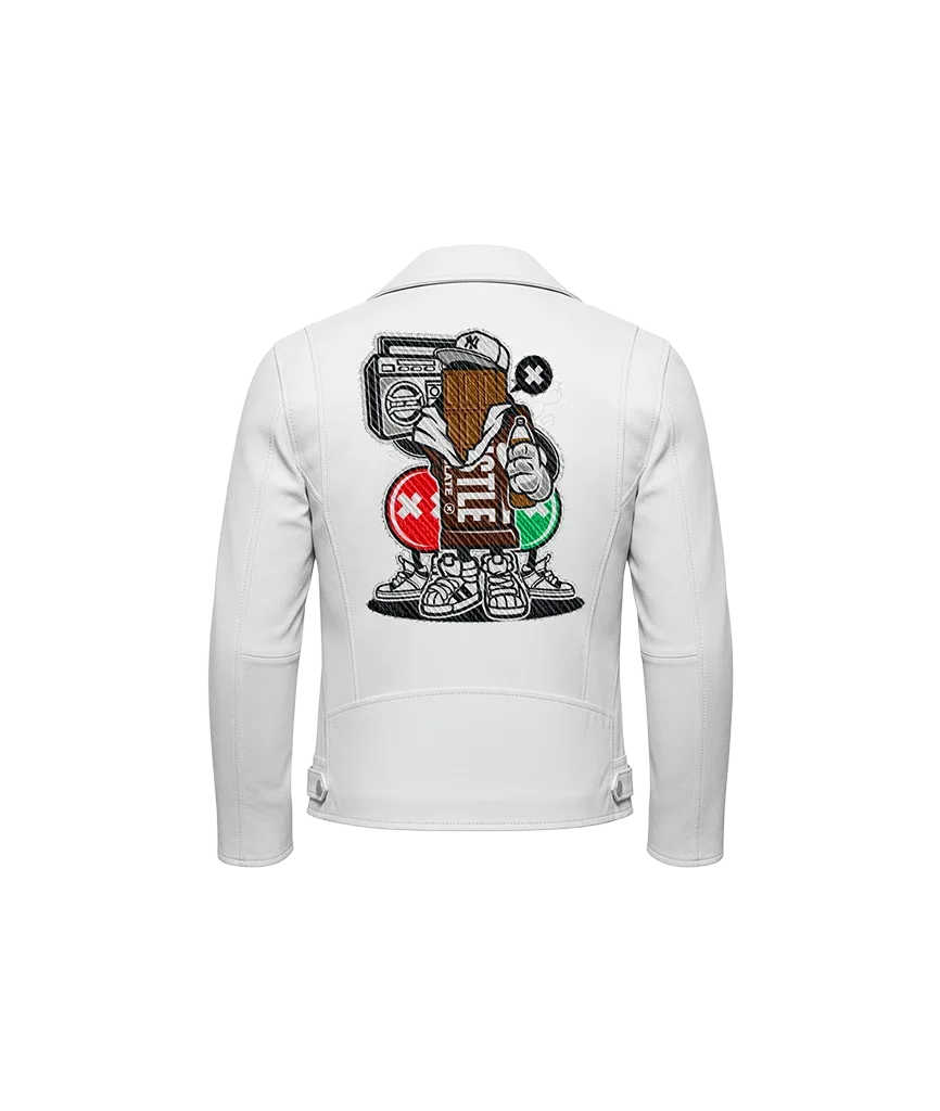 Hustle Boombox Mascot Embroidered Leather Moto Jacket