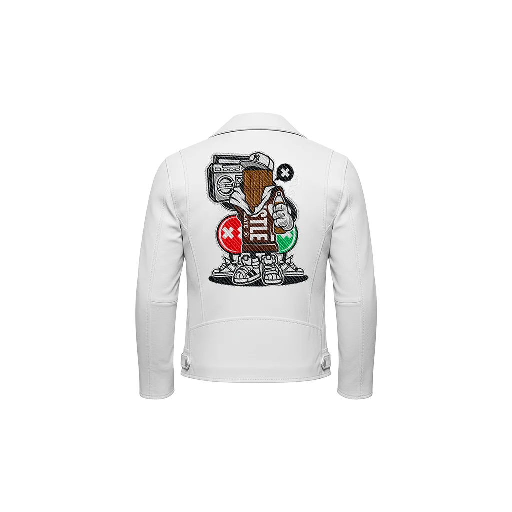 Hustle Boombox Mascot Embroidered Leather Moto Jacket