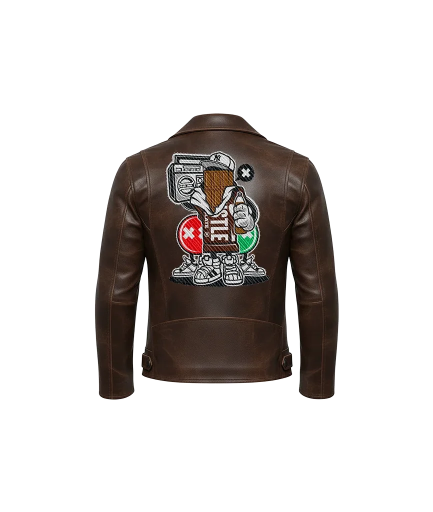 Hustle Boombox Mascot Embroidered Leather Moto Jacket