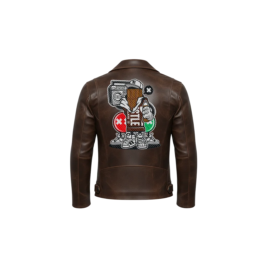 Hustle Boombox Mascot Embroidered Leather Moto Jacket