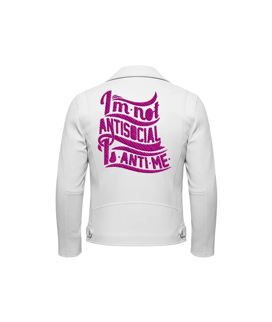 I’m Not Antisocial Pink Typography Leather Moto Jacket