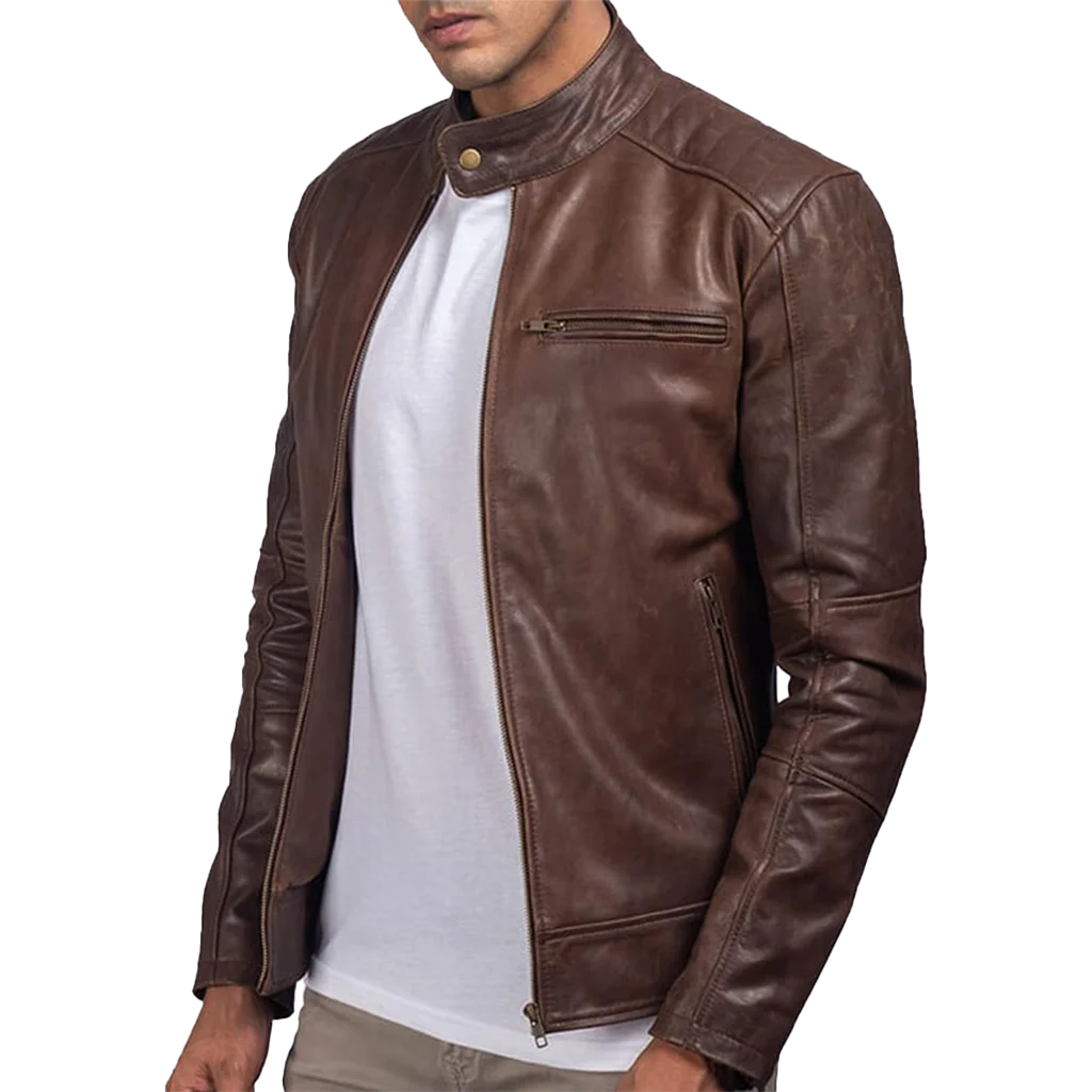 Men’s Dark Brown Leather Cafe Racer Biker Jacket