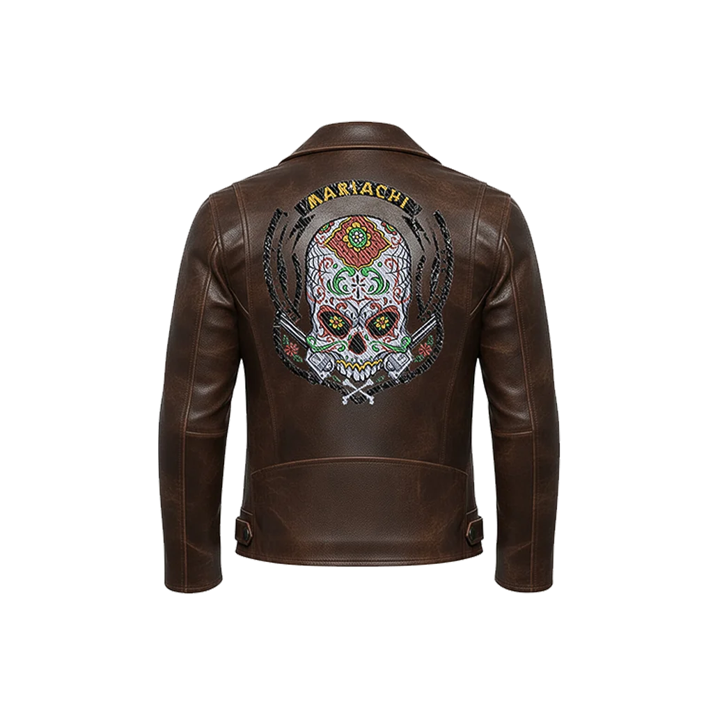 Mariachi Sugar Skull Embroidered Leather Jacket
