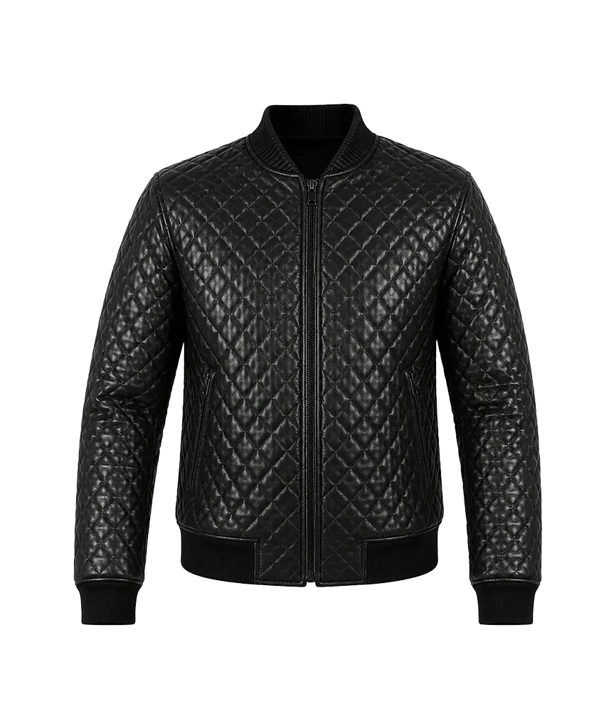 Men’s Black Diamond Quilted Leather Bomber Jacket
