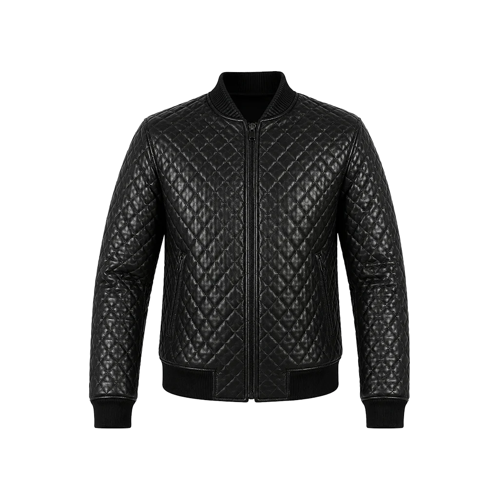 Men’s Black Diamond Quilted Leather Bomber Jacket