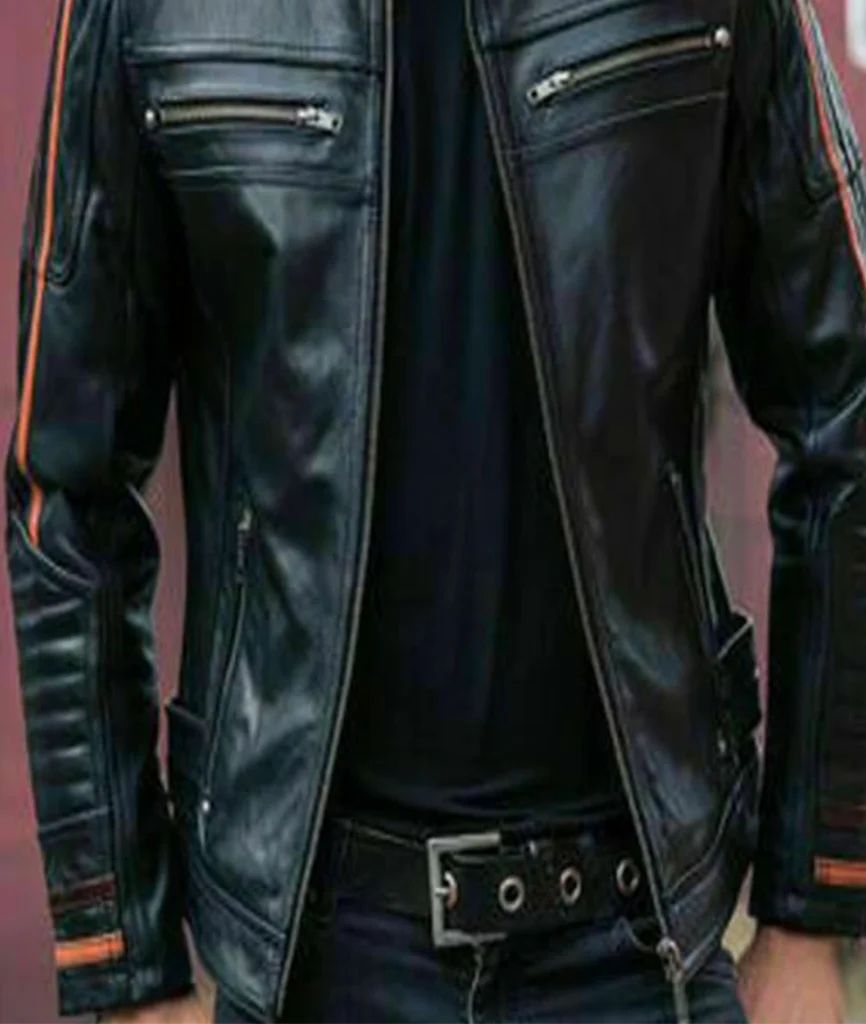Men’s Black Striped Leather Cafe Racer Biker Jacket
