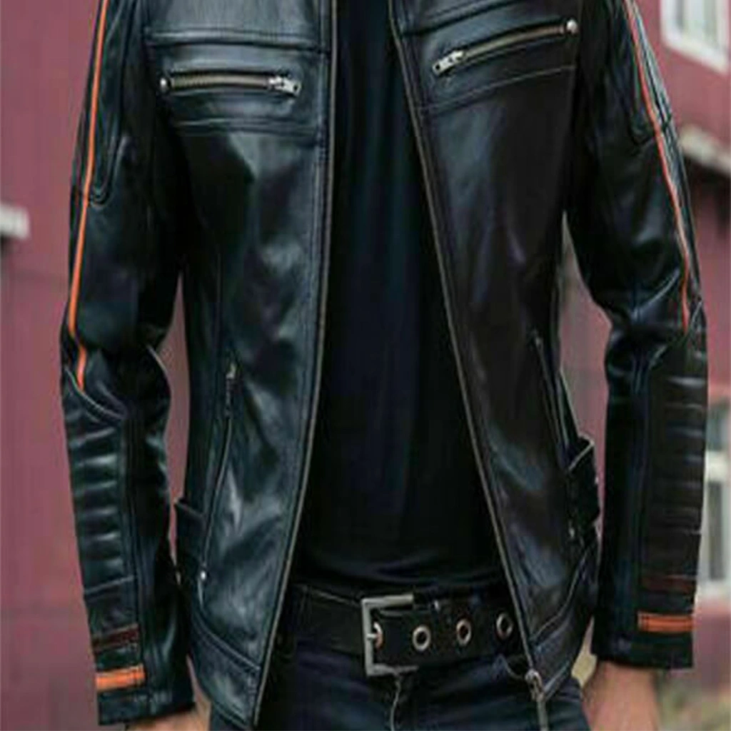 Men’s Black Striped Leather Cafe Racer Biker Jacket