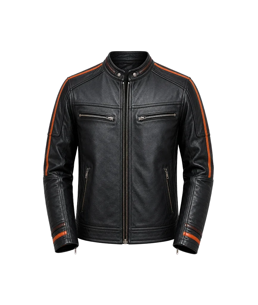 Men’s Black Striped Leather Cafe Racer Biker Jacket