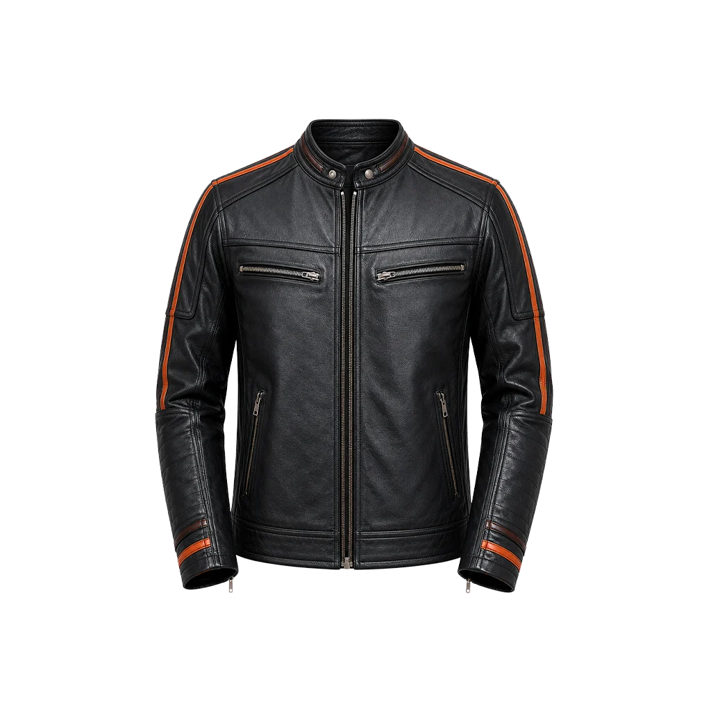 Men’s Black Striped Leather Cafe Racer Biker Jacket