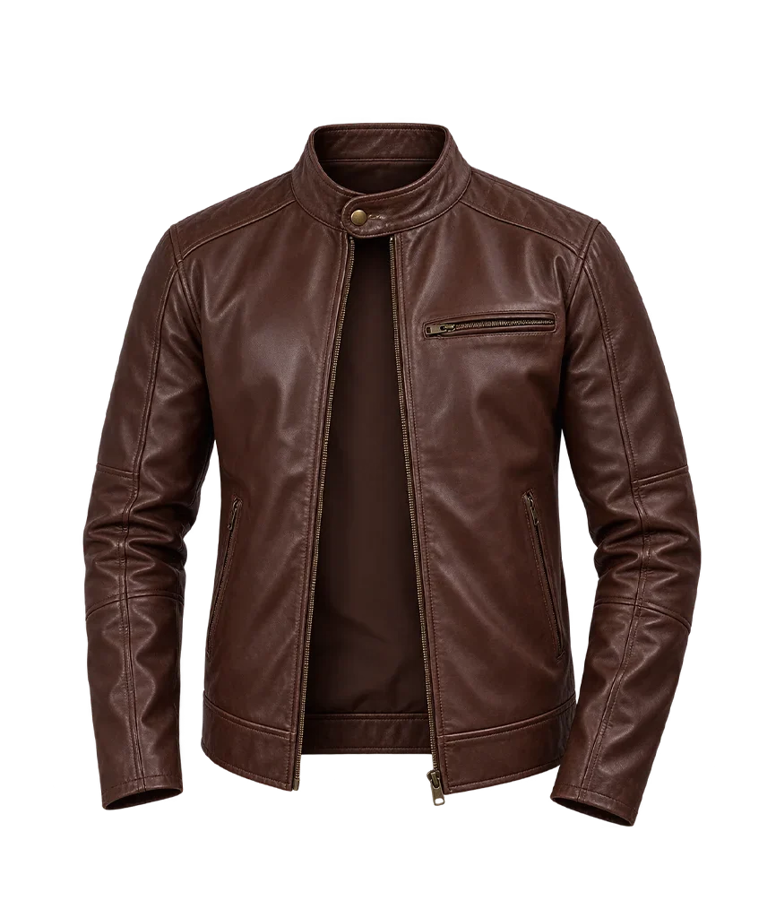 Men’s Dark Brown Leather Cafe Racer Biker Jacket