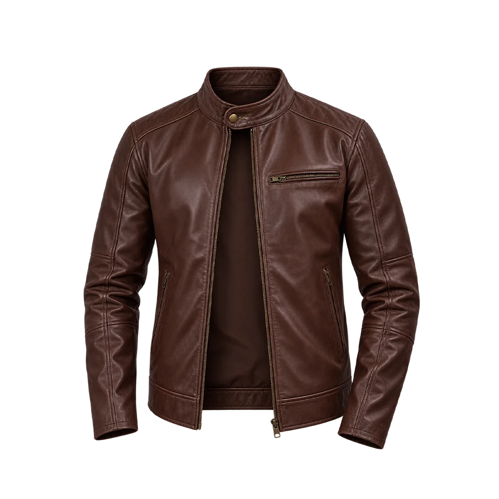 Men’s Dark Brown Leather Cafe Racer Biker Jacket