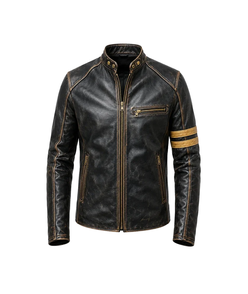 Men’s Distressed Black Striped Leather Biker Jacket