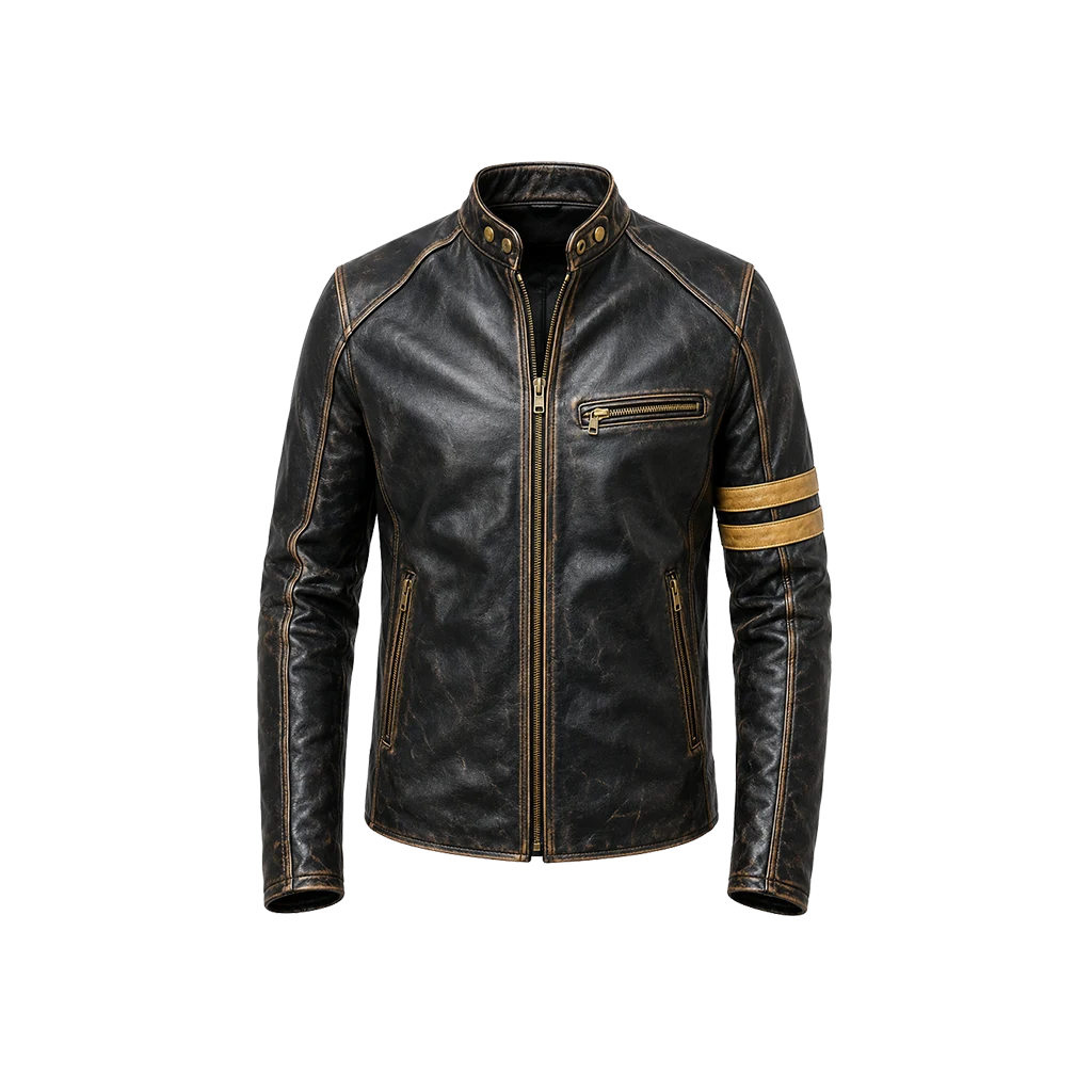 Men’s Distressed Black Striped Leather Biker Jacket