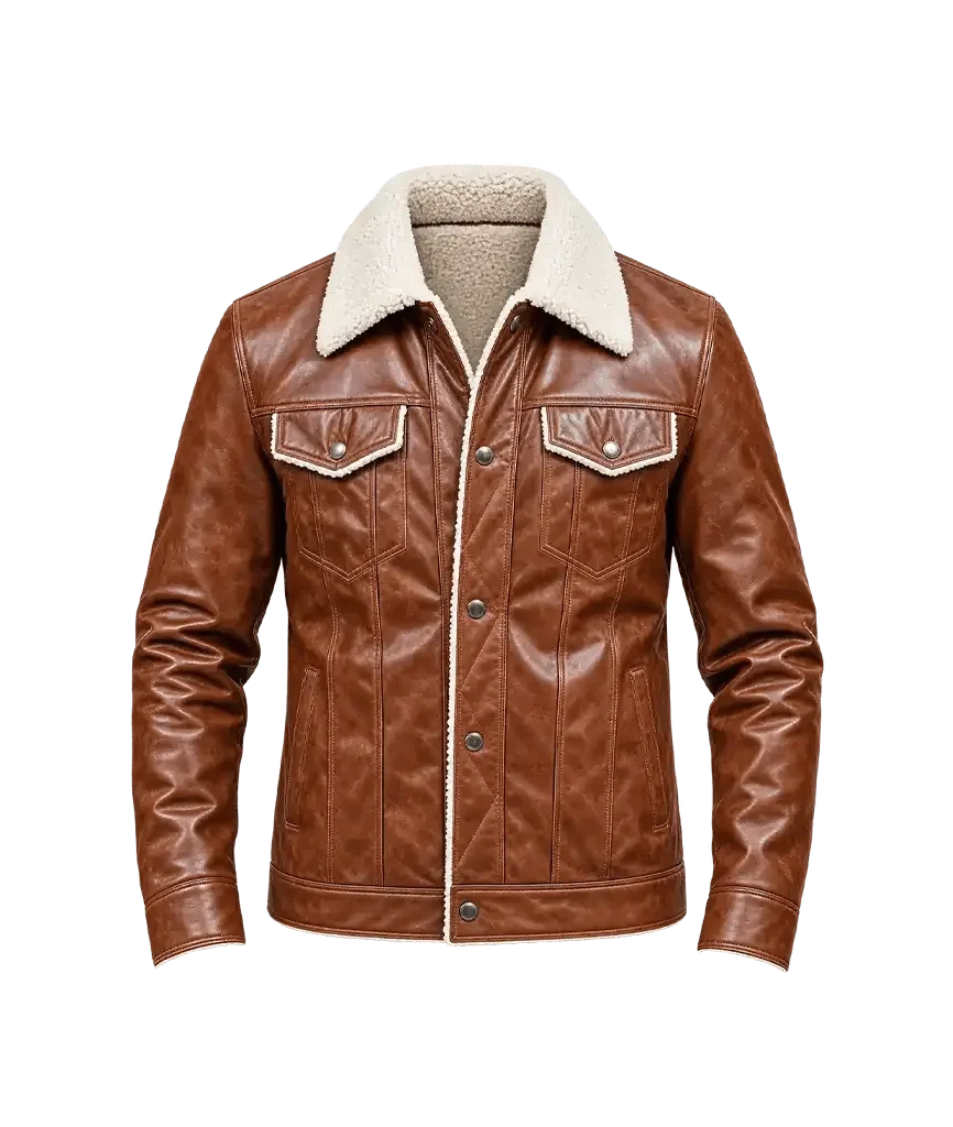 Men’s Distressed Brown Shearling Leather Trucker Jacket