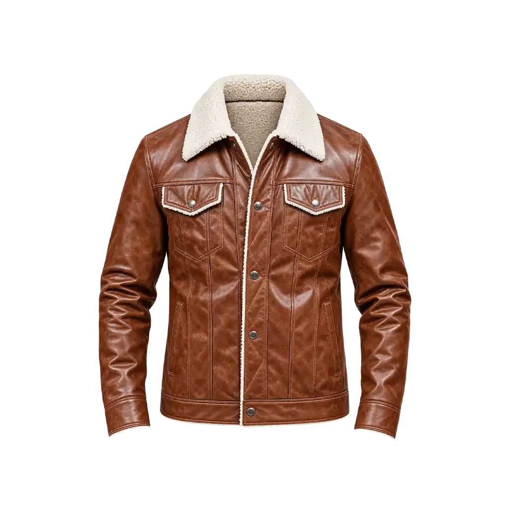 Men’s Distressed Brown Shearling Leather Trucker Jacket