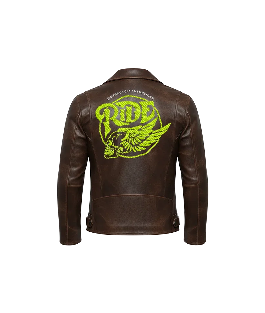 Neon Ride Winged Skull Embroidered Leather Moto Jacket