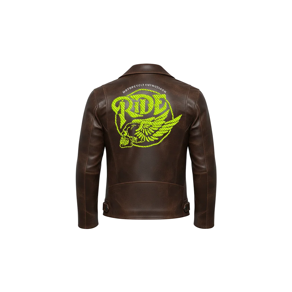 Neon Ride Winged Skull Embroidered Leather Moto Jacket