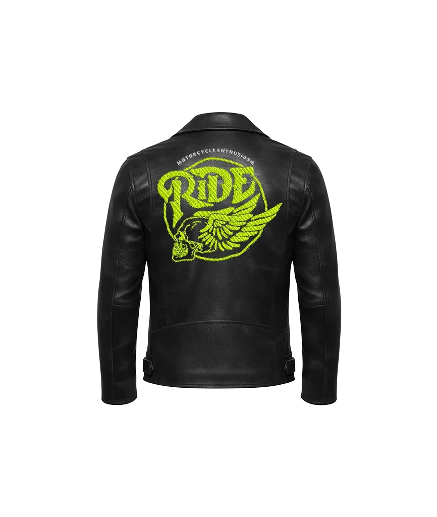 Neon Ride Winged Skull Embroidered Leather Moto Jacket