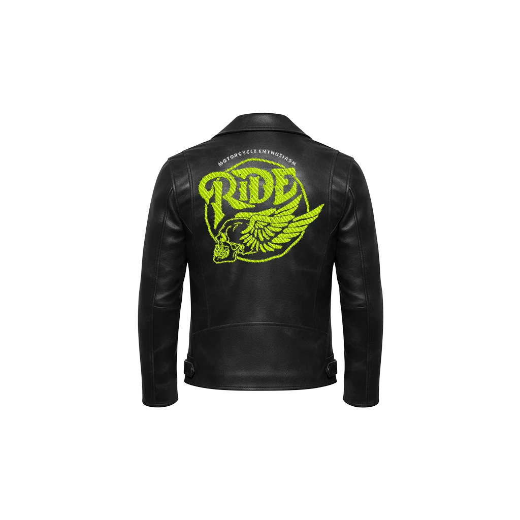 Neon Ride Winged Skull Embroidered Leather Moto Jacket
