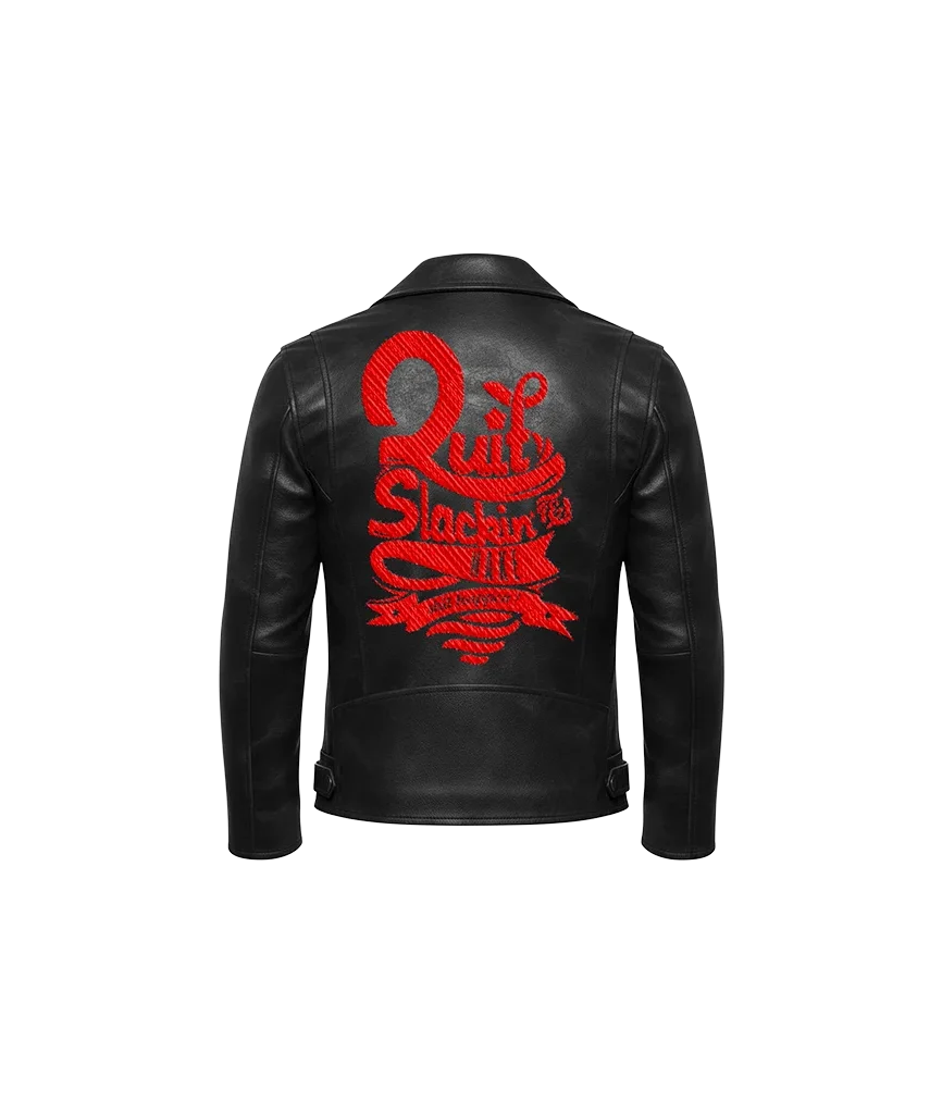 Quit Slackin’ Red Typography Embroidered Leather Jacket