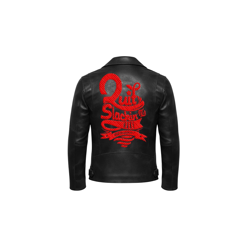Quit Slackin’ Red Typography Embroidered Leather Jacket