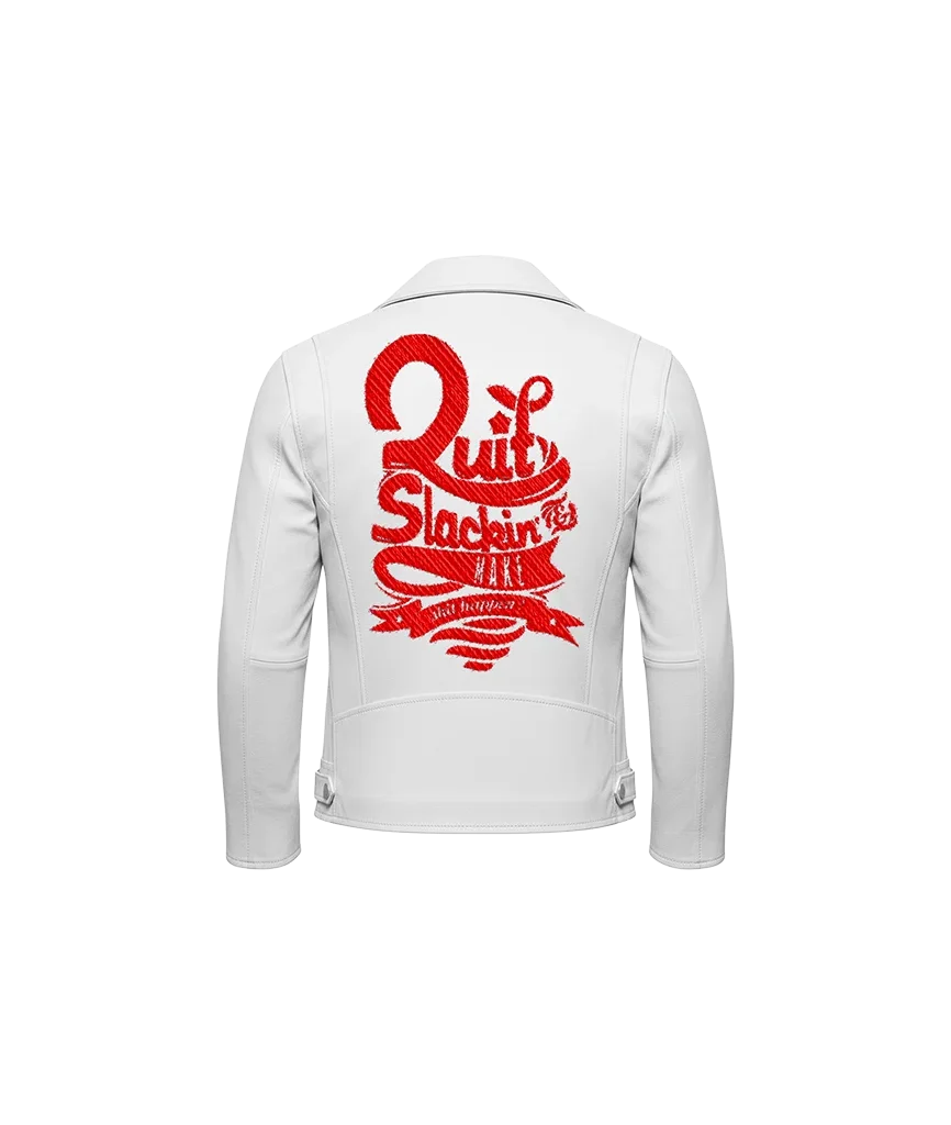 Quit Slackin’ Red Typography Embroidered Leather Jacket