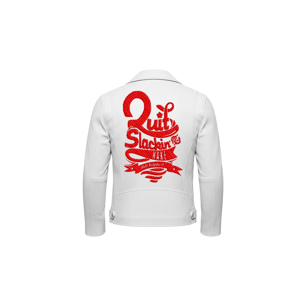 Quit Slackin’ Red Typography Embroidered Leather Jacket