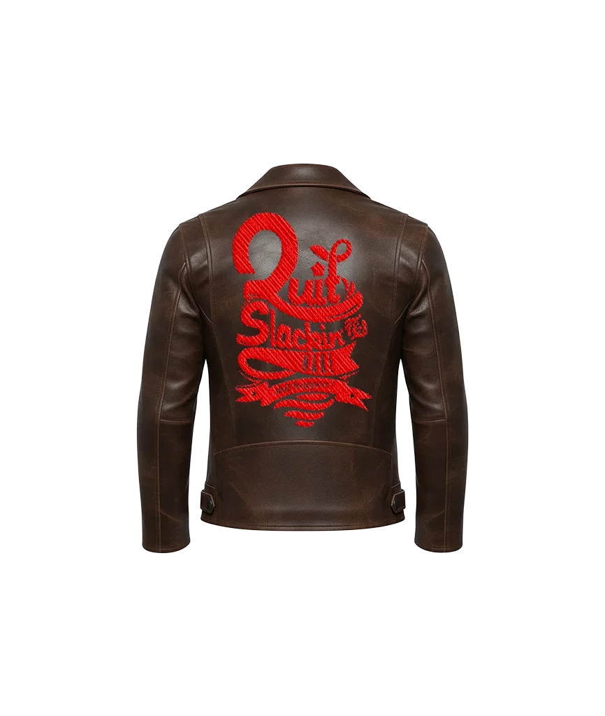Quit Slackin’ Red Typography Embroidered Leather Jacket